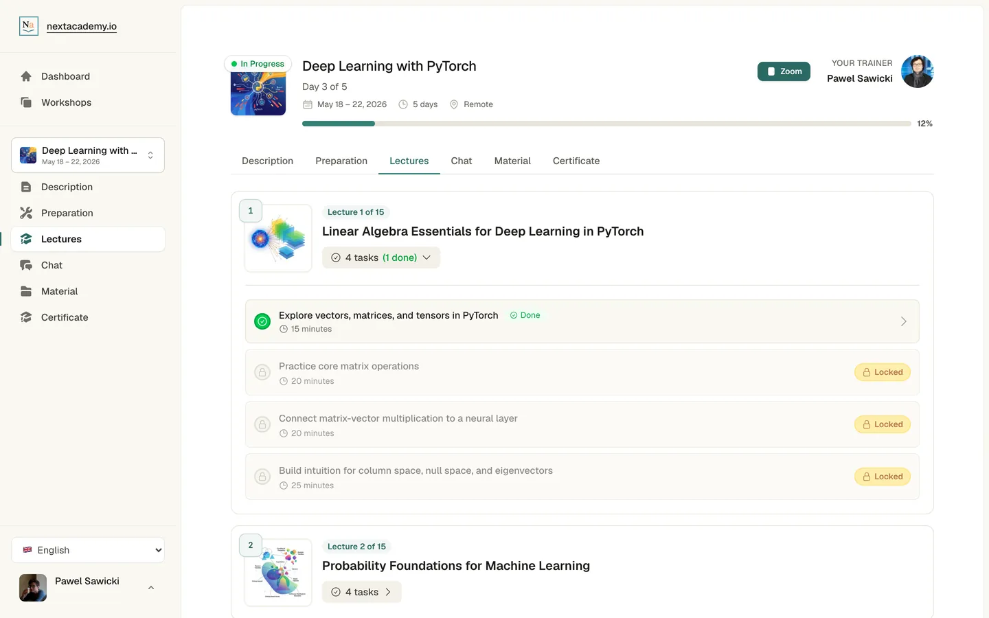 Screenshot of the classroom: a workshop in progress with its dates, a Zoom button and a progress bar, and the first lecture expanded to show its tasks with time estimates, one done and three locked