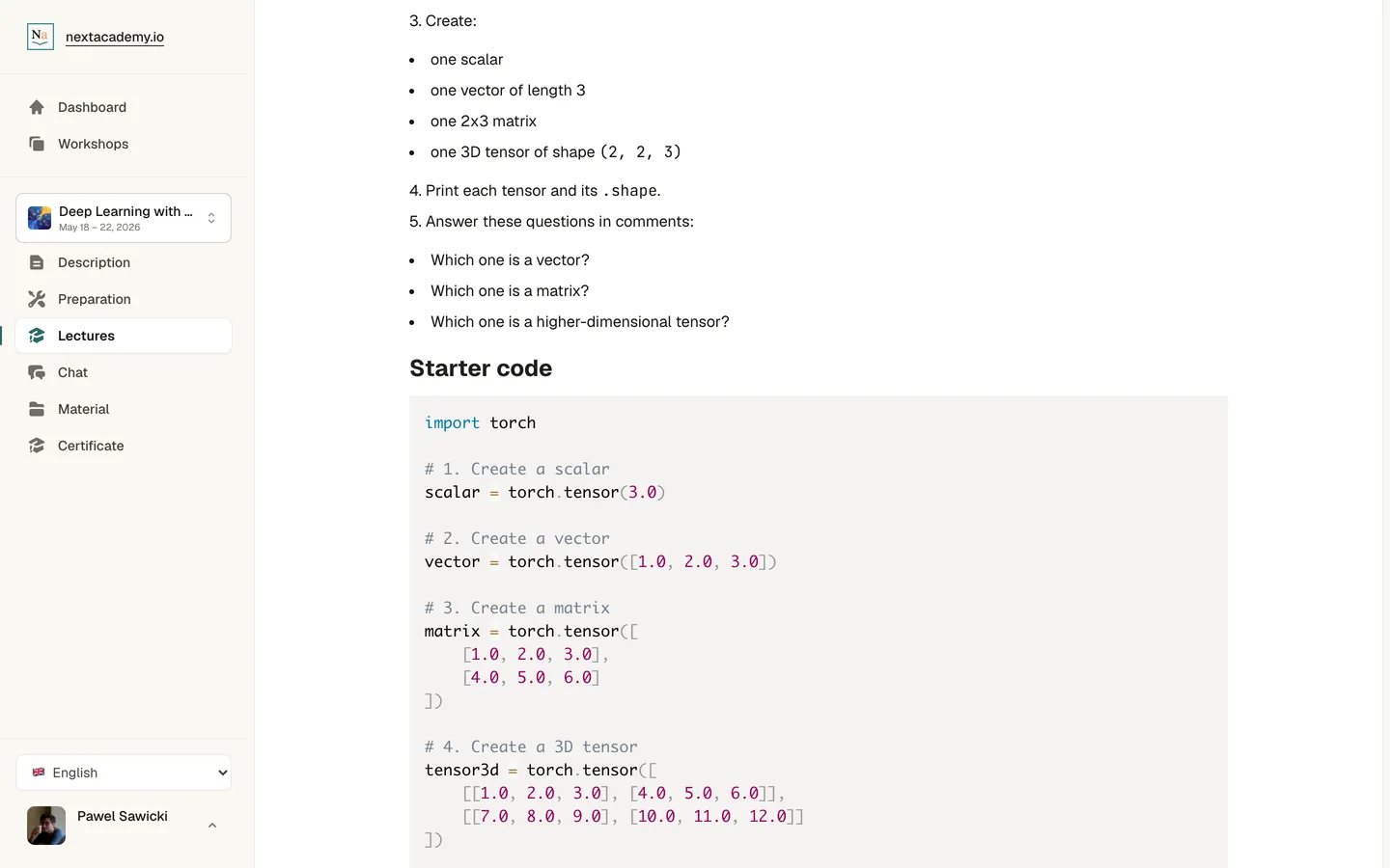 Screenshot of a classroom task: step-by-step instructions followed by syntax-highlighted starter code