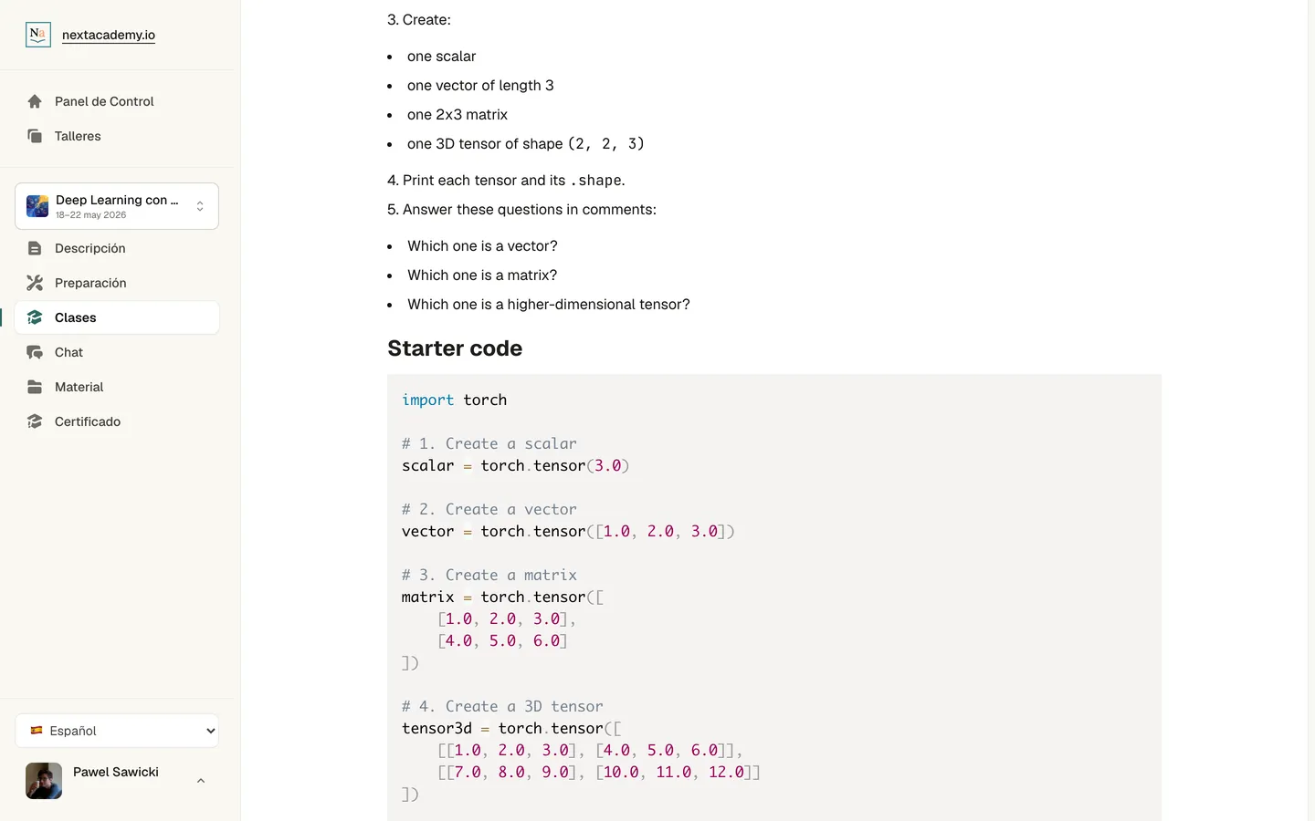 Captura de pantalla de una tarea del aula: instrucciones paso a paso seguidas de código inicial con resaltado de sintaxis